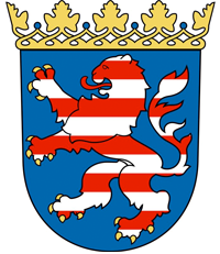 Wappen-Hessen Rheinischer Löwe halb rot-weiß schreitend vor goldener Krone auf blauem Hintergrund.